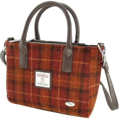 Afbeelding van Handtas Brora Bruin met Oranje Ritssluiting Draagband Harris Tweed Glen Appin of Scotland