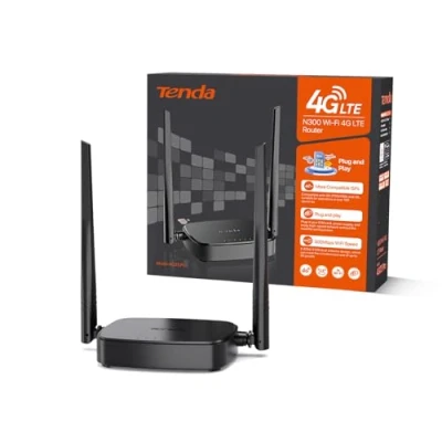 Afbeelding van Tenda 4G03 Pro 4G LTE router, WLAN Router voor nano simkaarten (N300 CAT4, 150 Mbit/s download, 300 2,4GHz) 2 * 4dBi antennes, plug &amp; play, snelle Ethernet poort, app, Mode, LED, Zwart