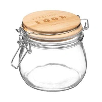Afbeelding van Voorraadbus/voorraadpot 0,5L glas met houten deksel en beugelsluiting Voorraadpot