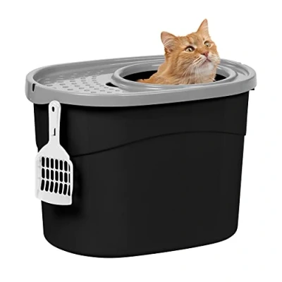Afbeelding van Iris Ohyama , Grote kunststof kattenbak met boveningang, inclusief schep en deksel ventilatiegaten, L52 x D37,5 H36,5 cm, BPA vrij, schephouder, voor katten, TECL 20, zwart/grijs