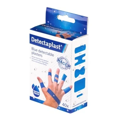 Afbeelding van Detectaplast blauwe pleisters Universal, metaaldetecteerbare, waterdichte sensitive, voor voedingsindustrie, catering en grootkeuken, 9x38, 19x72, 25x72, vlinder, kneukel, 40 stuks