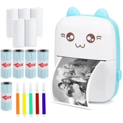 Afbeelding van WANGCL Thermische labelprinter met USB opladen draagbare Bluetooth draadloze fotoprinter compatibel Android of iOS 1 rol thermisch papier (blauw)