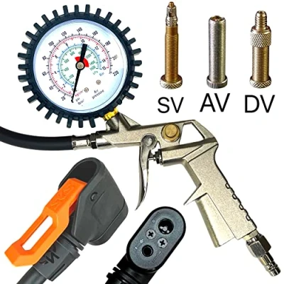 Afbeelding van F26 Compressor, pomp voor fietsbanden, perslucht, met manometer, SKS kop AV autoventiel, SV Frans/Sclaverandventiel, DV Dunlop Blitz ventiel