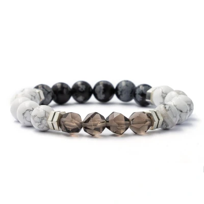 Afbeelding van Bixorp Gems Sneeuwvlok Obsidiaan + Howliet Rookkwarts Edelstenen Armband 8mm / 18cm Om &amp; Edelsteen Kralenarmband