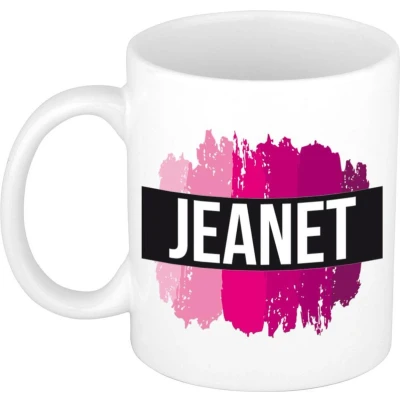 Afbeelding van Jeanet Naam / voornaam kado beker mok roze verfstrepen Gepersonaliseerde met mokken