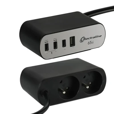Afbeelding van Electraline 35462 stekkerdoos voor Electradock bureaus met 2 Franse stopcontacten + 4 USB (3 C (Power Delivery) PD65W 1 A QC) bureauhouder inbegrepen