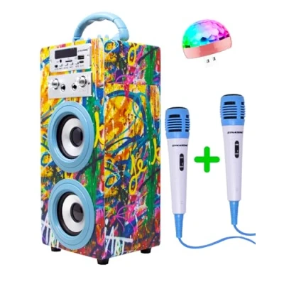 Afbeelding van DYNASONIC Draagbare Karaoke Machine, 2 Microfoons, Bluetooth Luidspreker, Verlichting, USB en SD lezer, Cadeau voor Kinderen 5 16 Jaar (Model 22 lights)