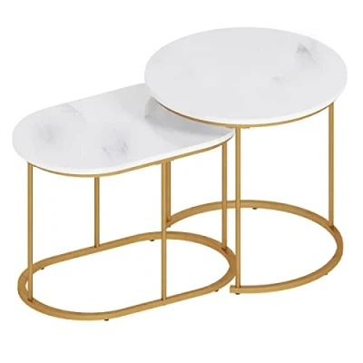 Afbeelding van sogesfurniture Salontafel, set van 2, woonkamertafel, bijzettafel, koffietafel, 2 met marmerpatroon, goudkleurig metalen frame voor woonkamer, balkon, wit