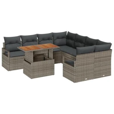 Afbeelding van vidaXL 9 delige tuinset met kussens Grijs Poly Rattan