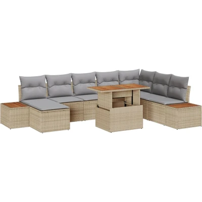 Afbeelding van vidaXL Tuin Sofa Set van 9 Beige, Grijs Riet, Polyester, Schuim
