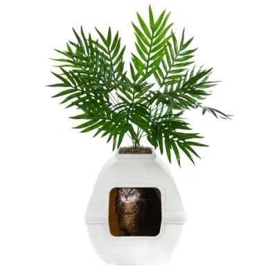 Afbeelding van Good Pet Stuff, The Courtyard Verborgen kattenbak, kunstplanten en gesloten vierkante kattenplantenbak, geventileerd geurfilter, gemakkelijk schoon te maken, witte berk