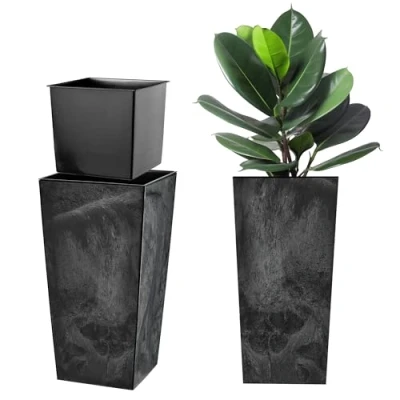 Afbeelding van KADAX Bloempot, bloembak van kunststof, plantenbak voor bloemen, binnen en buiten, tuin, balkon, terras, huis, weerbestendig, imitatie rotan (57,5 cm hoog, betonzwart)