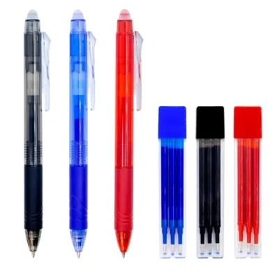 Afbeelding van Raylu Paper Uitwisbare balpen, intrekbaar, gelinkt, blauw, rood, zwart, 1 mm punt en 0,7 lijnbreedte (3 kleuren + reserveonderdelen)