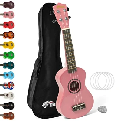 Afbeelding van TIGER UKE7 PK Sopraan Ukulele voor beginners inclusief gigbag, vilt pick, reserve set snaren nu uitgerust met Aquila roze