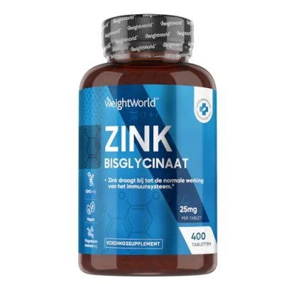 Afbeelding van WeightWorld Zink tabletten 25 mg Bisglycinaat 400 vegan voor meer dan 1 jaar voorraad