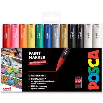 Afbeelding van Uni Posca PC 1M professionele verfstiften met extra zwarte en witte markers, 12 stuks