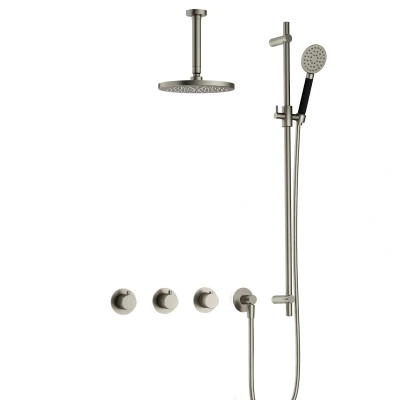 Afbeelding van Hotbath Cobber Regendoucheset IBS70 Geborsteld Nikkel Ronde handdouche 20cm Hoofddouche 15cm Plafondbuis Handouche met glijstang