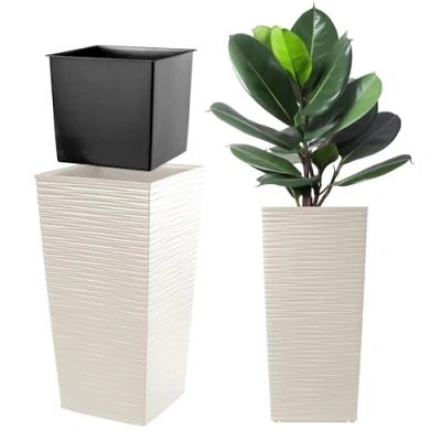 Afbeelding van KADAX Bloempot, bloembak van kunststof, plantenbak voor bloemen, binnen en buiten, tuin, balkon, terras, huis, weerbestendig, imitatie rotan (57 cm hoog, crème)