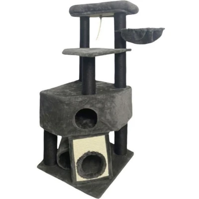 Afbeelding van GUILY Donkergrijze kattenboom 50 x 141 cm Donkergrijs 2 platforms, 1 zitstok, hut, helling, tunnel