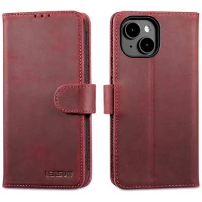 Afbeelding van LENSUN Lederen beschermhoes voor iPhone 15, RFID blokkerende portemonnee [kaartenvak] [magnetische sluiting] compatibel met Apple 15 (6,1 inch) retro rood