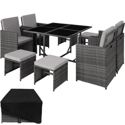 Afbeelding van tectake zitgroep Bilbao wicker incl. beschermhoes grijs