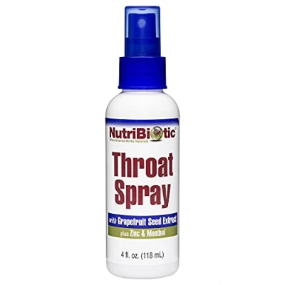 Afbeelding van NutriBiotic Throat Spray met GSE, 4 fl. Oz Gentle and Soothing Sore Support Grapefruit Seed Extract, Zink &amp; Menthol Alcoholvrij Non Medicated