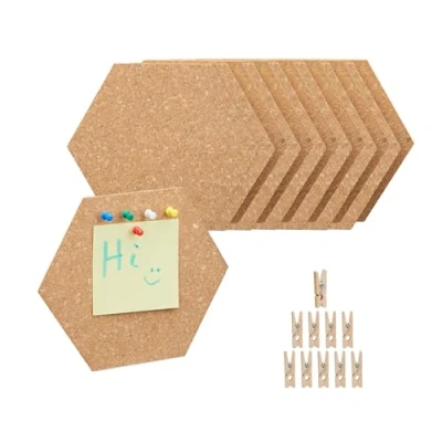 Afbeelding van Relaxdays prikbord kurk hexagon set van 6 notitiebord memobord kantoor mini