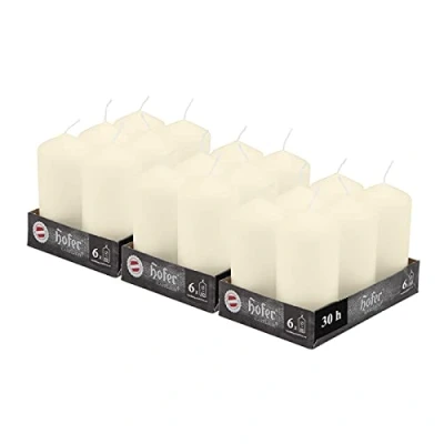Afbeelding van Hofer Grote Cilindrische Kolomkaarsen 60 x 120 mm Lange Levensduur: 30 Uur Ivoorkleur Set van 18 kaarsen 3 verpakking tot 6 stuks doos