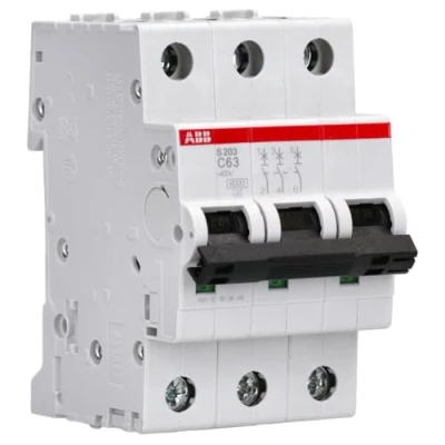 Afbeelding van Abb s203 installatieautomaat 3p c karakteristiek 63a iec en 60898 1 6 ka iec60947 2 10 3 modulen breedte 52 5mm 2cds253001r0634