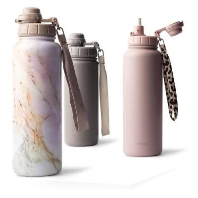 Afbeelding van MAMEIDO Thermosfles met rietje 700ml lekvrije geïsoleerde drinkfles van roestvrij staal draaglus, BPA vrije isoleerfles (Pearl Marble, 0,7l)