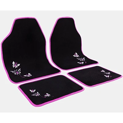 Afbeelding van WOLTU AM7141 Auto Vloermatten set, Automatten UNI, Vlinder Borduurwerk, Beschermer, 4 stuks, Universeel, Universele Mat Roze Zwart