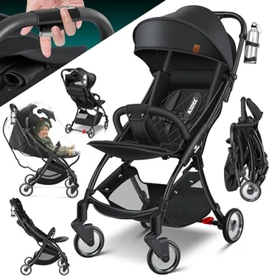 Afbeelding van KIDIZ® Premium kinderwagen, inklapbare 360 wielen, 5 punts riem, incl. bekerhouder en regenbescherming, verstelbare rugleuning zonnedak, zwart