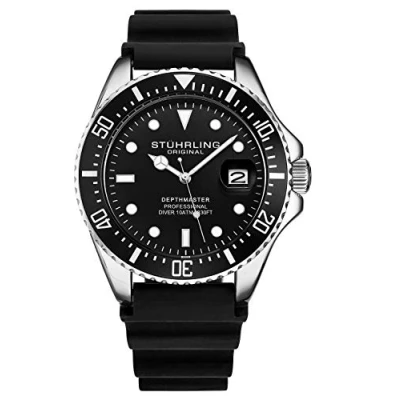 Afbeelding van Stührling Pelagos 3950R Quartz 42mm Duikhorloge Zwarte Wijzerplaat / Zilveren Kast Rubberen Band Tang Gesp 10 ATM Waterbestendigheid