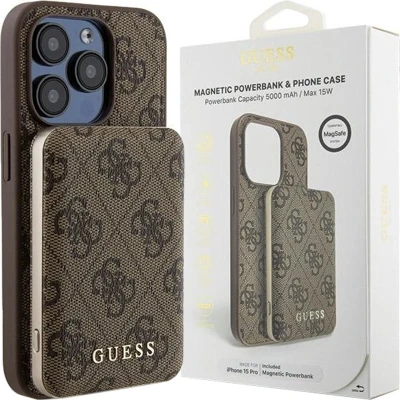 Afbeelding van Guess 4G Metal Logo hoesjeset voor iPhone 15 Pro + 5000mAh MagSafe powerbank bruin