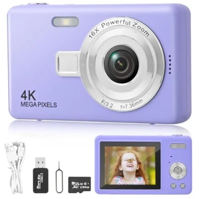 Afbeelding van Compacte digitale camera, camera voor kinderen, HD, 1080p, met 32 GB kaart, 48 MP, 8 x zoom, oplaadbaar, jongeren, beginners (paars)