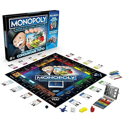 Afbeelding van Hasbro Monopoly Super Electronic Banking, kaartspel, variant met creditcards en luchtruimen, inclusief elektronische gaming reader, voor gezinnen kinderen vanaf 8 jaar