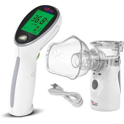 Afbeelding van Promedix draagbare / handheld draadloze vernevelaar inhalator, kit, maskers, PR 835 + 960 contactloze infrarood thermometer