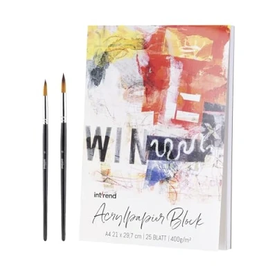 Afbeelding van int!rend Aquarelpapier, 400 g, DIN A4, 25 vellen, wit, gelijmd, aquarelpapierblok, Watercolour Paper Pad, incl. watertankborstel, twee penselen, potlood schilderpad papier voor tekenen, schilderen