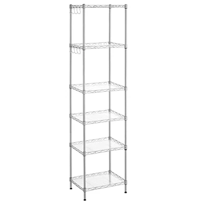 Afbeelding van SONGMICS keukenplank met 6 niveaus, metalen plank, staande in hoogte verstelbare roosterplank, PP plastic platen, 8 S haken, voor keuken, woonkamer, belastbaar tot 120 kg, zilver LGR116E01
