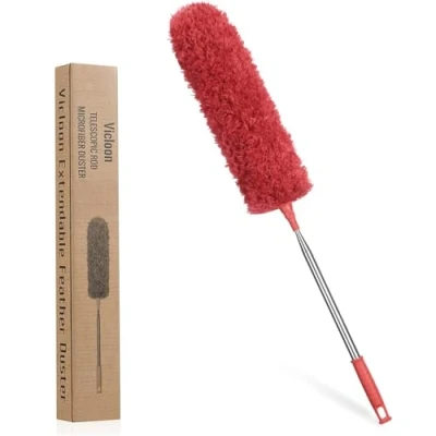 Afbeelding van Vicloon Telescopische stofdoek, microvezel, tot 243 cm lengte, met mini raamreinigingsborstel en roestvrijstalen telescoopstang, wasbaar, buigbare hoekbezem, verwijdert moeiteloos stof (rood)