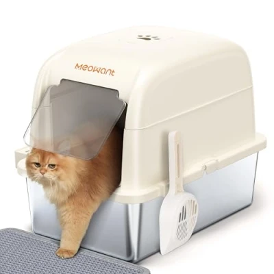 Afbeelding van MeoWant kattenbak van roestvrij staal met deksel, vooringang, extra grote metalen kattenbakvulling en zak mat, wit