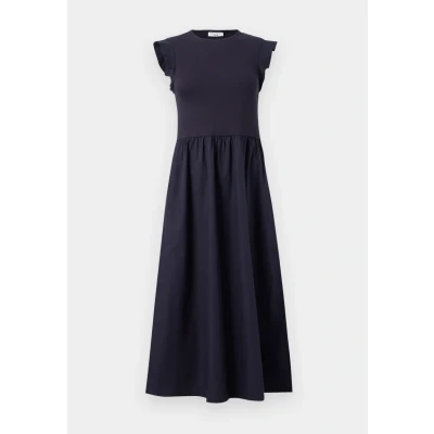 Afbeelding van Marc O&#039;Polo Denim dames Midi jurk van biologisch katoen met plooien in de kleur Donkeblauw, maat: L