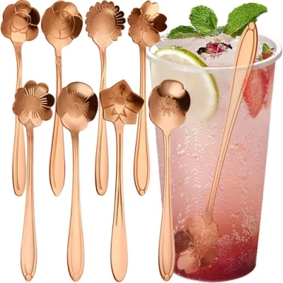 Afbeelding van MINGZE 8 Stuks Koffielepels, Roestvrijstalen Koffie Lepels Creatieve Bloemen Theelepeltjes Coffee Scoop Teaspoons Roerlepel Voor Roeren Mengen Thee Soep Suiker Latte Dranken Dessert Jam Ijslepel (Rose goud)