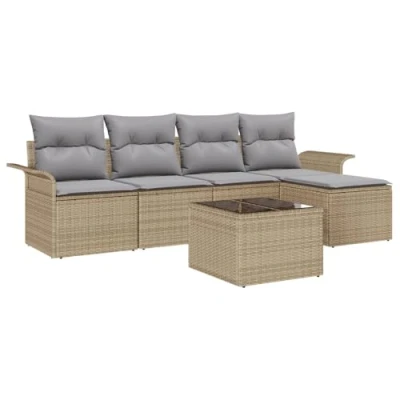 Afbeelding van vidaXL 6 Delige Tuin Sofa Set met Kussens Zwart Poly Riet, 2 Zits Opslag &amp; Beige Riet
