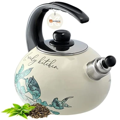Afbeelding van KADAX Waterketel, ketel van roestvrij staal, 2,2 l fluitketel, waterkoker voor inductie en gasfornuis, theeketel, emailleketel, retro met pijp (groene bloemen)