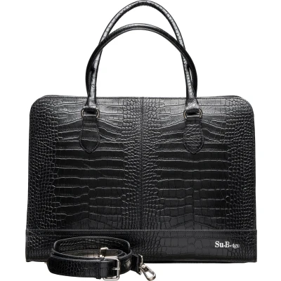 Afbeelding van Su.B Laptoptas 14 inch Handtassen Dames Kroco Print Leer Schoudertas met Laptopvak Zwart