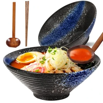 Afbeelding van Sosayet Ramen Kom keramiek, 2 sets ramenkommen met lepel en eetstokjes, antislip Japanse kom, servies voor ramen, salade, muesli, 1000 ml, 20 x 8 cm