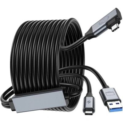 Afbeelding van GlasFlength Link kabel met oplaadfunctie, 5 m USB C 3.0 adapter, Gbit/s gegevensoverdracht opladen tijdens het spelen, compatibel Quest 1/2/3, Pro, Pico 4, VR headset, Steam