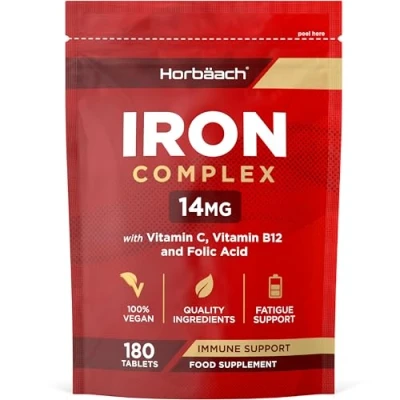Afbeelding van Ijzer Supplement met C 180 Vegane Tabletten Hoog Gedoseerd Foliumzuur &amp; Vitamine B12 iron Complex Horbaach