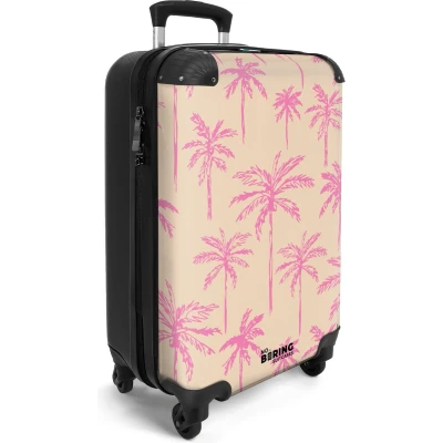 Afbeelding van NoBoringSuitcases.com® Handbagage koffer lichtgewicht Reiskoffer trolley Beige met roze palmbomen Rolkoffer wieltjes Past binnen 55x40x20 en 55x35x25